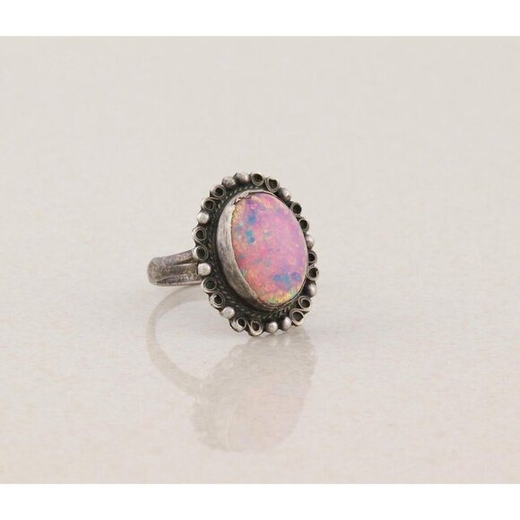 Sterling Silver Mexican Pink Foil Opal Ring Size 6 1/2 - Picture 4 of 8